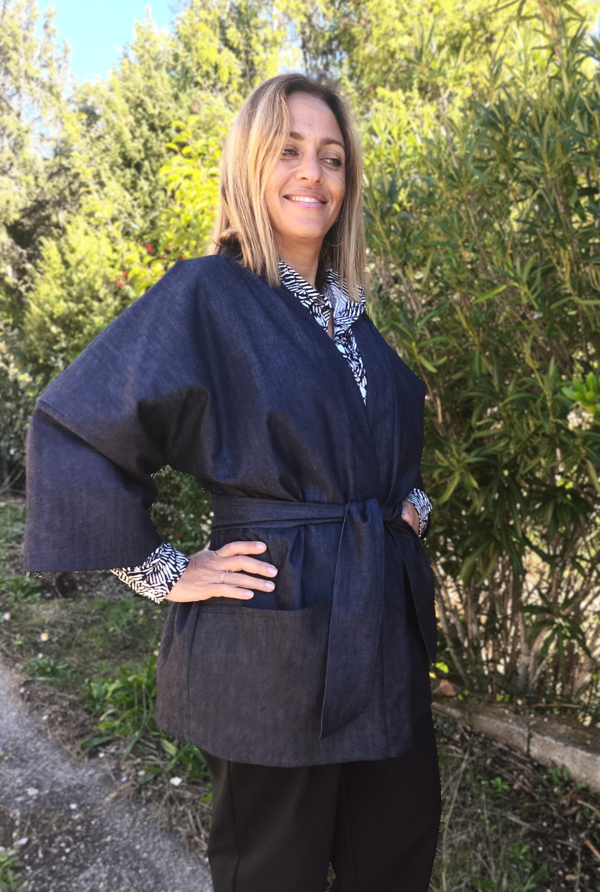 veste kimono en denim et matelassée