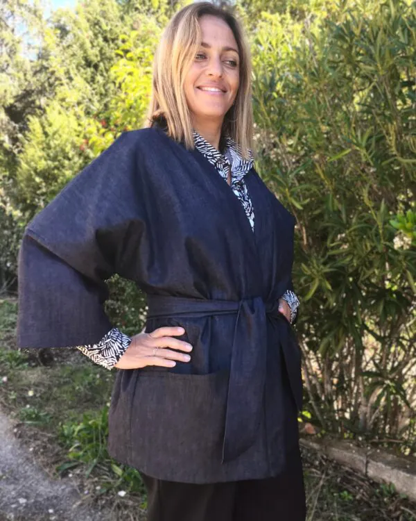 veste kimono en denim et matelassée